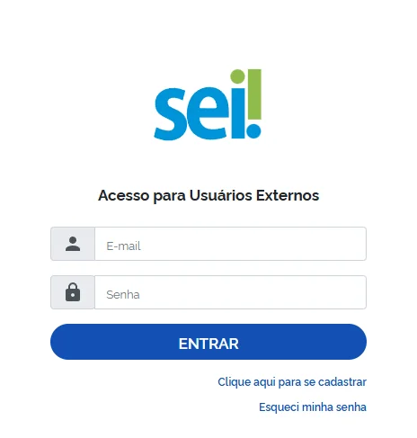 Tela de acesso do SEI para Usuários Externos, com campos de e-mail e senha e o link “Clique aqui para se cadastrar”