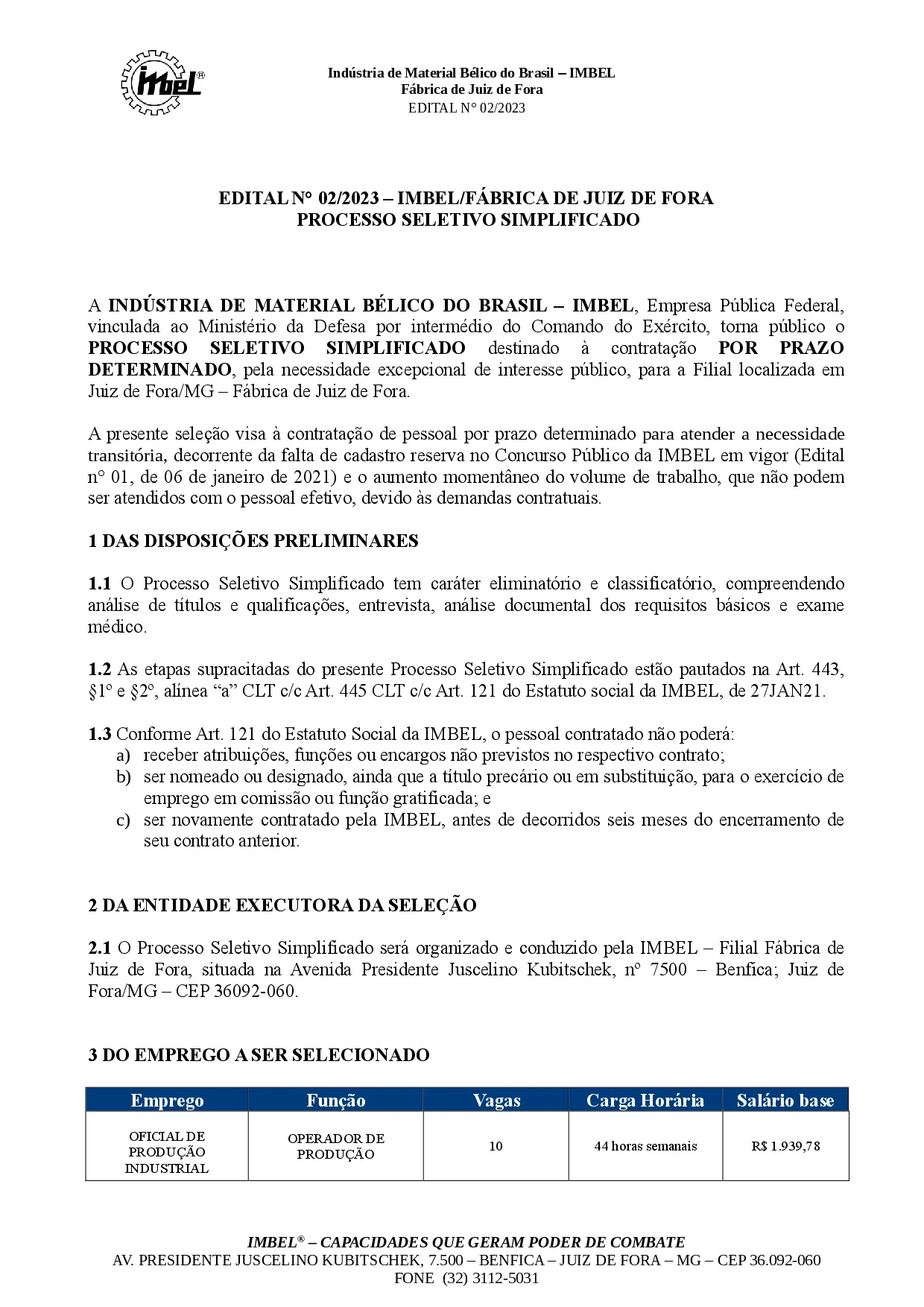 Edital N° 02/2023 – IMBEL/Fábrica de Juiz de Fora - Processo Seletivo Simplificado